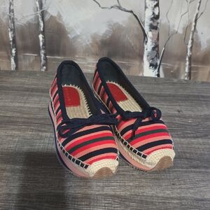 Tory Burch Navy Multicolor Stripe Espadrille Flats with Red Insole